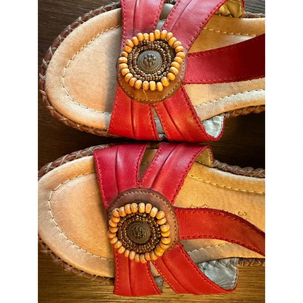 Remonte Red Tan Leather Beaded Wedge Sandals Womens 37 Slingback Boho US Sz 6.5